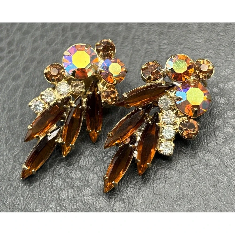 Vintage Aurora Borealis AB Rhinestone Navette Clip On Earrings Gold Tone